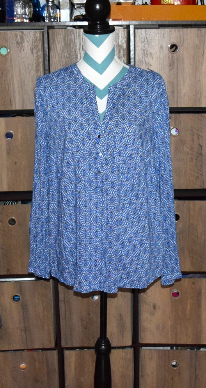 Dalia Collection Womens Pullover Blouse Blue Button Cuffs Rayon Size 1X